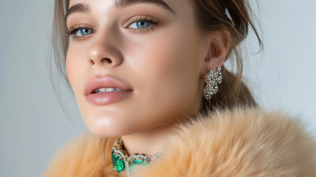 Captivating portrait of an elegant young woman adorned with luxury jewelry, featuring stunning emerald and pearl accents against a chic fur collar.の素材