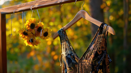 A charming summer dress gracefully hangs from a wooden rack adorned with sunflowers, capturing the essence of warmth and vibrant nature in a serene setting.の素材
