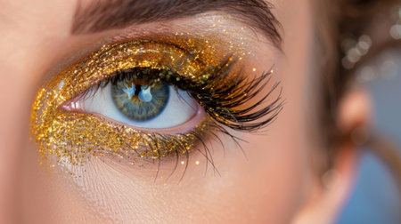 This captivating close-up image features an exquisite eye makeup look enhanced by gold glitter and long lashes, showcasing elegance and style in beauty photography.の素材