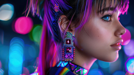 This portrait features a young woman with colorful hair and stylish earrings, set against a vibrant neon backdrop. The image captures a modern, artistic essence.の素材