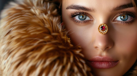 This stunning close-up portrait showcases a woman with mesmerizing blue eyes adorned with intricate jewelry and luxurious fur, embodying beauty and elegance.の素材