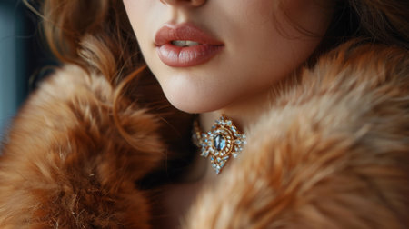 A captivating close-up shot highlighting a woman's face adorned with luxurious fur and exquisite jewelry. The soft textures and delicate details create an intimate, elegant atmosphere.の素材
