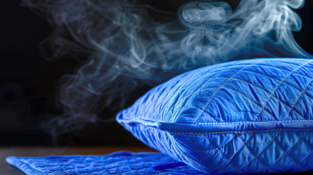 A captivating image of a blue quilted pillow with steam gently rising, set against a dark background. This serene scene evokes feelings of comfort and relaxation, perfect for imagery related to home decor and wellness themes.の素材