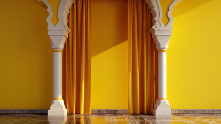 This image showcases an inviting room with vibrant yellow walls, elegant columns, and flowing curtains, creating a harmonious and bright interior setting.の素材