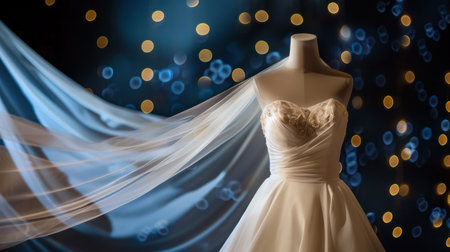 A stunning wedding dress displayed on a mannequin, surrounded by soft, flowing fabric and a dreamy bokeh background, perfect for bridal fashion inspiration.の素材