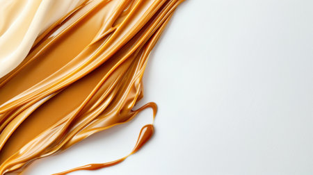 This image showcases an artistic arrangement of creamy and caramel sauces gracefully swirling on a smooth white surface, creating an elegant culinary backdrop.の素材