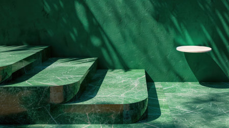 This captivating image showcases elegant green marble steps leading to a round table, set against a vibrant green wall. Dynamic shadows enhance the tranquil and modern atmosphere.の素材