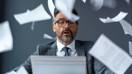 A businessman in a suit appears overwhelmed as papers fly around him in a chaotic office scene. His focused expression reflects stress and urgency in the work environment.の素材