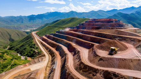 Captured from above, this stunning aerial image reveals an expansive open-pit mine nestled among majestic mountains and a bright blue sky.の素材