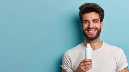 A cheerful young man is holding a skincare lotion bottle while smiling against a vibrant blue background, embodying a modern self-care lifestyle.の素材