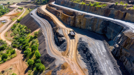 A stunning aerial shot showcasing a large quarry landscape. The image captures winding roads, heavy machinery, and the dynamic earthworks involved in mining operations.の素材