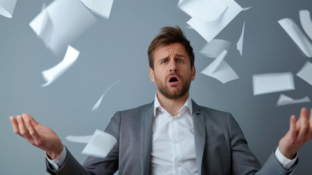 A frustrated businessman sits in an office surrounded by flying documents, capturing the essence of stress and confusion in the modern workplace.の素材