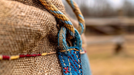 A stunning close-up view of a rustic burlap bag featuring a colorful rope handle and intricate embroidery, set against a soft natural backdrop.の素材