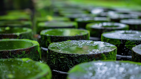 A stunning arrangement of round stones covered in vibrant green moss, surrounded by tranquil water, creating a serene atmosphere perfect for nature lovers.の素材