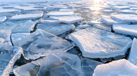 A breathtaking view of ice fragments floating on a water surface, illuminated by bright sunlight, creates a serene winter scene that captivates.の素材