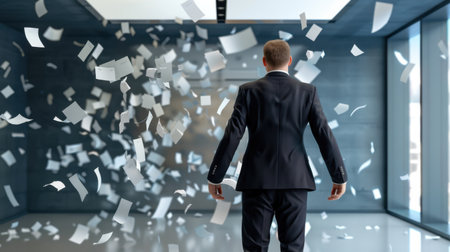 A businessman in a formal suit stands in a modern office as papers swirl around him, capturing a moment of chaos and stress in the workplace.の素材