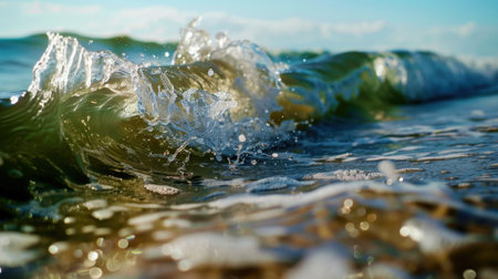 A stunning view of vibrant ocean waves gently crashing onto a sandy beach. Sunlight glimmers off the water, creating a serene and peaceful atmosphere.の素材