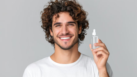 A young man with curly hair smiles while holding a serum bottle in a bright studio setting, emphasizing a fresh and healthy skincare routine.の素材