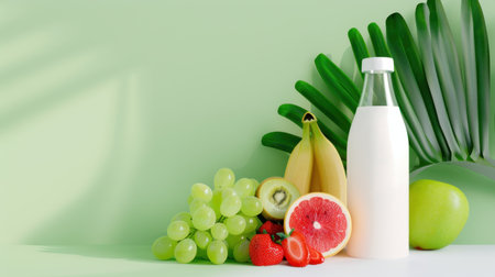 A visually appealing arrangement of fresh fruits including grapes, bananas, strawberries, and a bottle of milk set against a pastel green background. The scene exudes health and freshness, ideal for concepts related to nutrition and vibrant living.の素材
