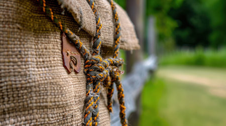 A close-up view of a rustic burlap bag tied with colorful rope against a blurred green background, showcasing the beauty of nature and craftsmanship.の素材