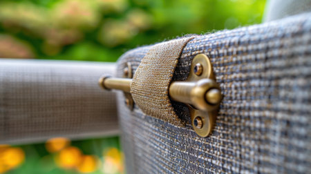 This close-up image captures the intricate details of stylish outdoor furniture featuring a metal fastener and textured fabric, set against a vibrant garden.の素材