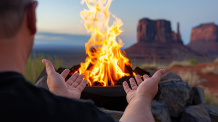 A person warms their hands by a glowing campfire amid the serene beauty of a desert landscape at sunset, with majestic rock formations in the backdrop.の素材