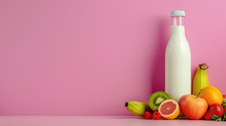 A captivating arrangement featuring a bottle of fresh milk and a variety of colorful fruits, set against a soft pink backdrop. Ideal for promoting health, nutrition, and vibrant food culture.の素材