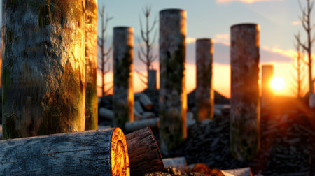 This stunning image captures a serene sunset over a forest landscape with majestic timber pillars. The vibrant colors and textures evoke a sense of tranquility in nature.の素材