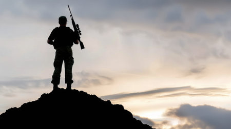A powerful silhouette of a soldier stands atop a mountain peak, holding a rifle, framed by a breathtaking sunset and dramatic clouds. Perfect for themes of bravery and adventure.の素材