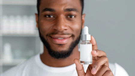 A joyful man holds a skincare serum in a modern beauty salon, promoting self-care and wellness to enhance daily beauty routines.の素材