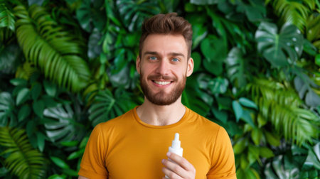 A cheerful young man in a bright orange shirt holds a skincare bottle amidst lush green foliage, representing a fresh and healthy lifestyle. Perfect for beauty themes.の素材