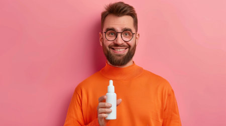 A happy young man wearing glasses displays a white bottle, set against a vibrant pink backdrop. This image represents modern skincare and personal wellness.の素材
