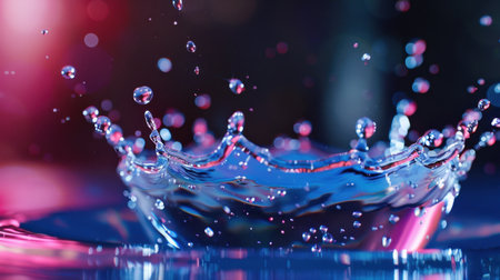 This vivid close-up image captures a beautiful water splash with mesmerizing droplets reflecting vibrant colors against a soft bokeh background.の素材