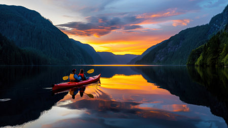 A picturesque scene of two individuals kayaking on a serene lake at sunset, surrounded by majestic mountains and vibrant sky reflections, evoking peace and adventure.の素材