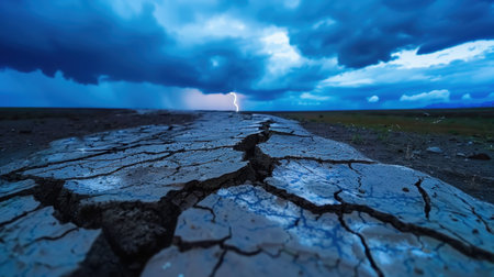 An awe-inspiring view of cracked earth beneath moody storm clouds, lit by a flash of lightning, capturing nature's raw beauty and power. Perfect for themes of climate, drought, and natural forces.の素材