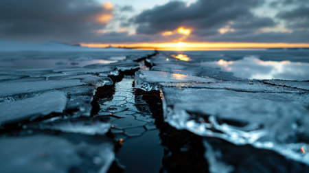 Stunning image of cracked ice formations over water, reflecting a breathtaking sunset and moody clouds. This scene captures winterの素材