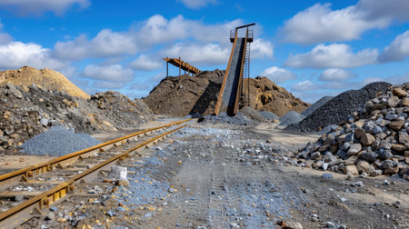 A detailed view of an excavation site featuring gravel piles, railway tracks, and a conveyor belt under a vibrant, cloudy sky. Ideal for construction and mining themes.の素材