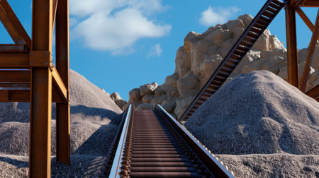 A captivating industrial landscape featuring a conveyor belt ascending towards sandy hills, framed by a blue sky dotted with fluffy clouds, showcasing the mining process.の素材