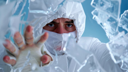 A person in a protective suit reaches through broken glass, conveying intense emotions. The striking blue background enhances the dramatic effect, evoking themes of struggle and isolation.の素材
