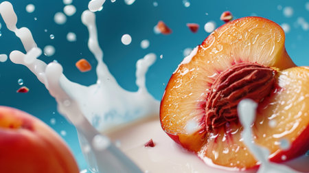A captivating closeup of a fresh peach slice surrounded by a creamy milk splash against a vibrant blue background, illustrating natural freshness and delight.の素材