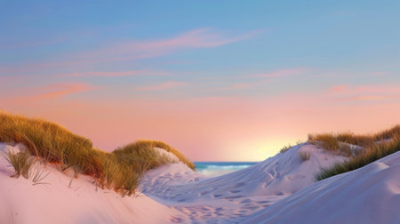 Experience a serene sunset over sandy dunes adorned with soft grass, capturing the tranquil beauty of the coastal landscape in this breathtaking scene.の素材
