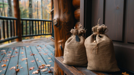Two rustic burlap bags sit on a wooden porch surrounded by vibrant autumn leaves, creating a peaceful and cozy atmosphere in a forest setting.の素材