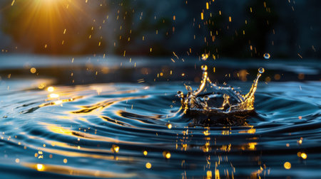 A captivating water splash creating ripples in a serene setting, illuminated by soft golden sunlight. Ideal for themes of nature and tranquility.の素材