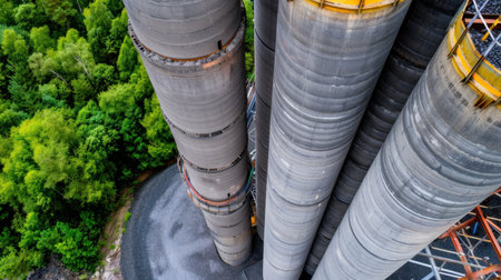This aerial image showcases massive concrete silos amidst vibrant green trees, highlighting the contrast between industrial structures and nature's beauty.の素材