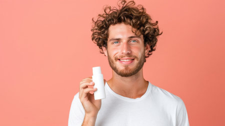 A cheerful young man with curly hair smiles while holding a skincare bottle against a pink background, embodying a modern self-care routine.の素材
