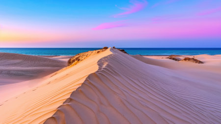 Experience the serene beauty of sand dunes beneath a vibrant sunset sky, overlooking calm ocean waters in a picturesque landscape full of tranquility.の素材