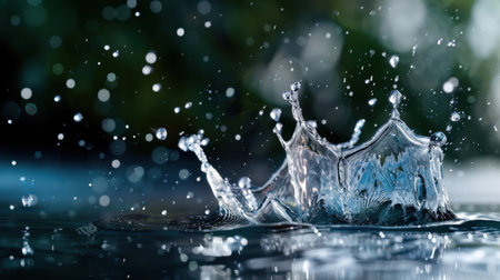 A mesmerizing close-up image captures the moment a water droplet creates a dramatic splash, radiating ripples and a stunning bokeh effect.の素材