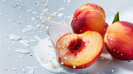 This vibrant image showcases fresh peaches sliced in half, surrounded by a creamy milk splash, creating a refreshing and appealing culinary scene.の素材
