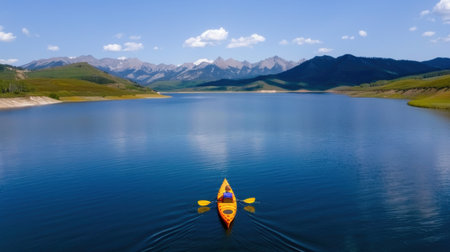 Experience the tranquility of kayaking on a pristine lake, enveloped by breathtaking mountains and under a brilliant blue sky, ideal for outdoor enthusiasts.の素材
