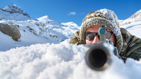 A soldier clad in winter camouflage lies in fresh snow, aiming a rifle at an unseen target. Majestic mountains rise in the background under a clear blue sky.の素材